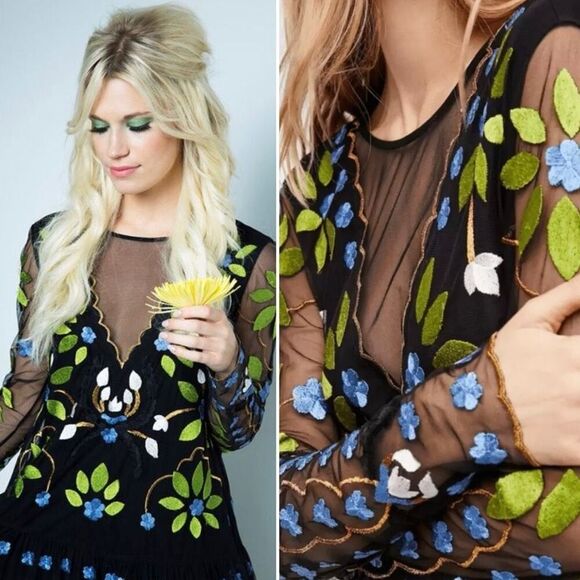 Free People Hearts Are Wild Embroidered Mini Dress Black Multi Size XS - Picture 12 of 12